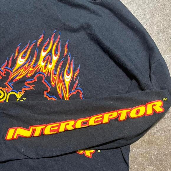 Vintage Y2K Interceptor Flame Graphic Biker Tee Mens Medium Double Sided Shirt - Picture 3 of 5